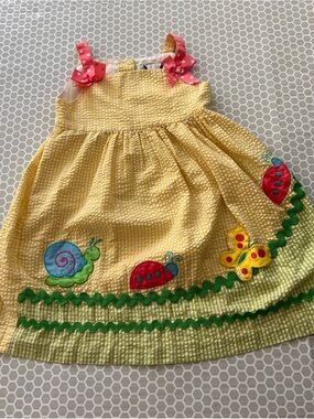Rare Editions Yellow Gingham Seersucker Sundress with Pink Bow Straps. Size 7